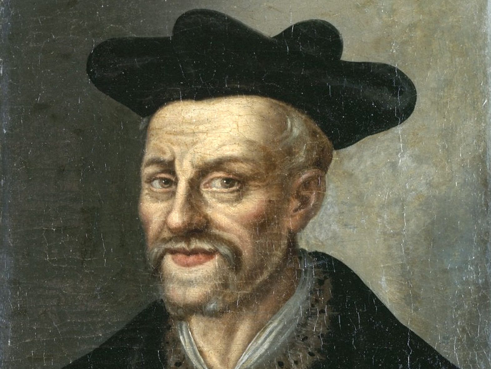 Bildnis in Öl von François Rebelais, eines Mannes Mitte 40 mit gestutztem Vollbart und Hut.
