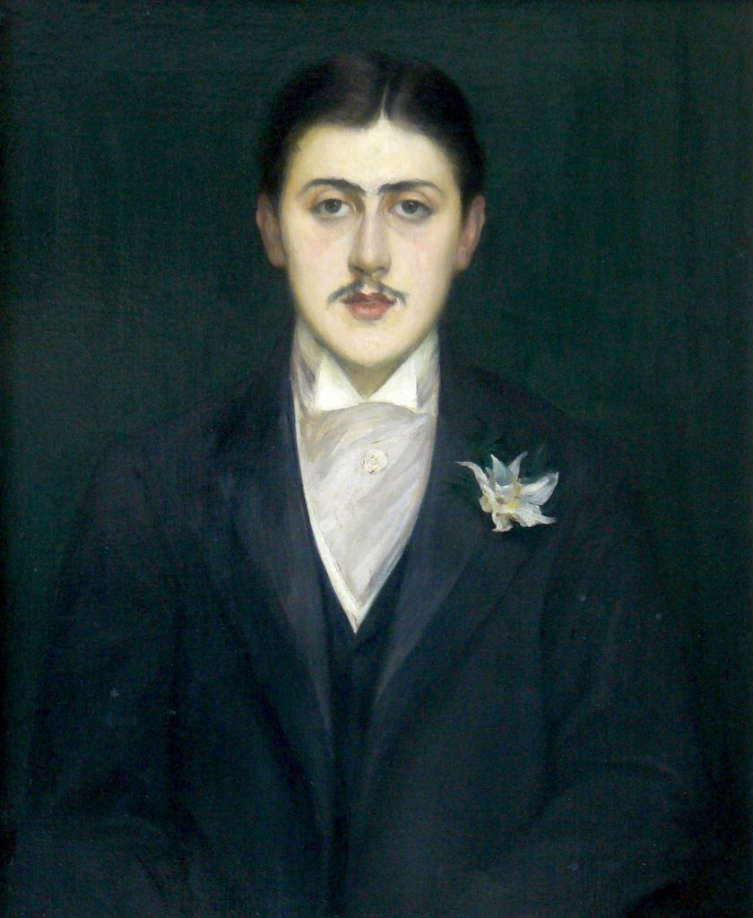 Bildnis des jungen Marcel Proust in Frack und mit Blume am Revers