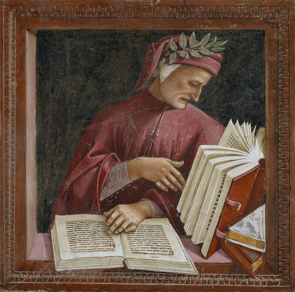 Der Dichter Dante beim Lesen und Blättern in Büchern.